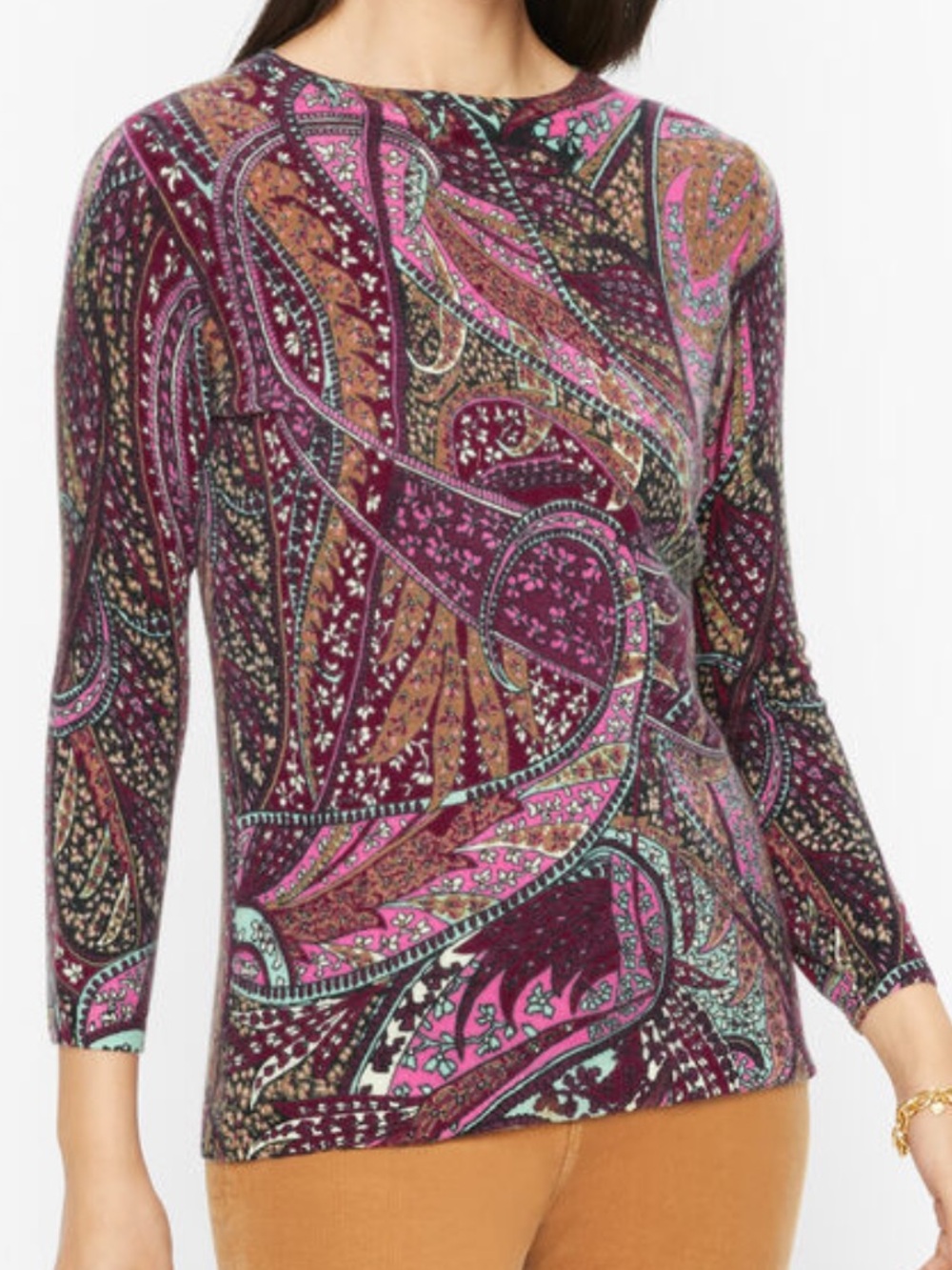 Talbots Audrey Paisley Long-Sleeve Cashmere Sweater - Burgundy Pink Multi